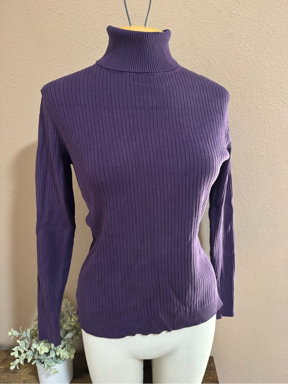 Chico's Silk Blend Deep Purple Ribbed Turtleneck Long-Sleeve Top - Size 1